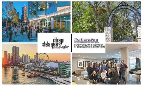a collage showing prominent places of chicago like navy pier, the iconic Chicago Shakespeare Theater and Northwestern univeristy arch