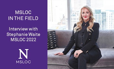 A poster with the words "MSLOC in the Field. Interview with Stephanie Waite MSLOC 2022" on a purple background. Below the text you can find the log for the MSLOC program. To the right of the purple square there is a photo of Stephanie Waite. She is looking at the camera.
