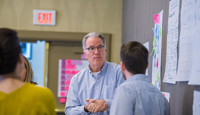 group with wall of post it notes