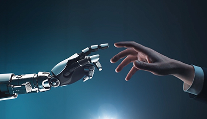 robotic and human hand reaching toward eachother