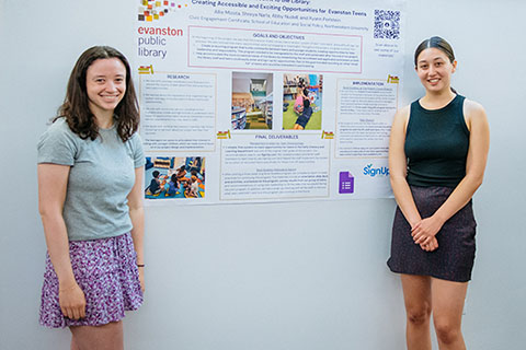 students in front of library poster